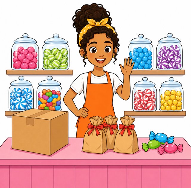 Zoé dans sa boutique de bonbons